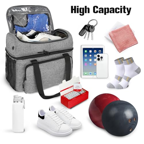 Double Bowling Ball Carrier Bag with Padded Holder & Shoe Compartment - Grey