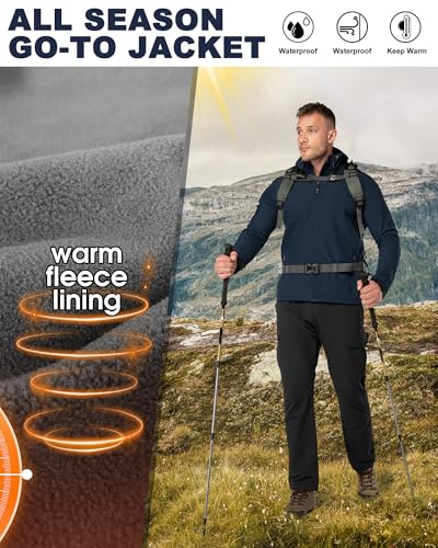 Men's Waterproof Hooded Rain Jacket - Fleece Lined, Lightweight, Loyal Blue, 33,000ft