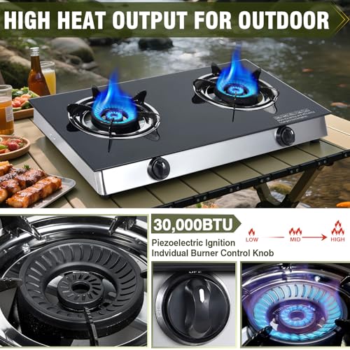 2-Burner Propane Gas Cooktop - Tempered Glass, 30,000 BTU, Portable for Camping & RV — Variation of This Listing