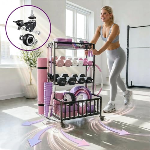 Heavy Duty Dumbbell Rack with Wheels & Hooks - Adjustable Home Gym Storage Organizer