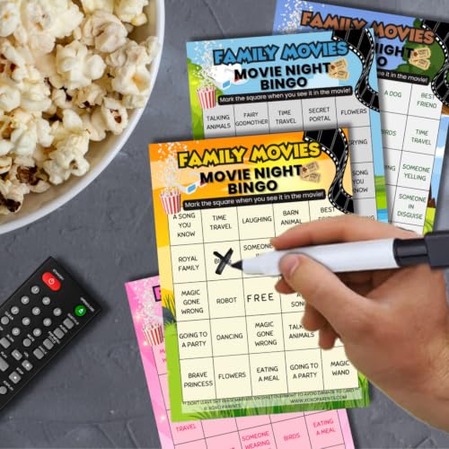 Family Movie Night Bingo Cards Set - Reusable Game Supplies, 4-Pack - Family