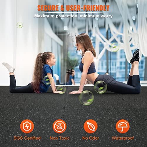 VEVOR Black & Gray Interlocking Gym Floor Tiles 25x25in 0.56in Thick - 12 pcs, Rubber & EVA Foam Workout Mats for Home & Exercise