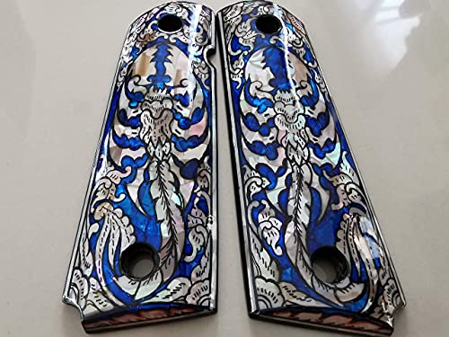 1911 Pistol Grips with Blue Mother of Pearl Art Works - Full Size Fits Colt Kimber Springfield Remington Taurus