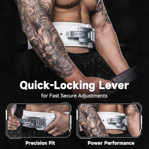 4-Inch Lever Weightlifting Belt with Heavy Duty Buckle - White, Size L