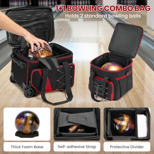 Red 2-Ball Bowling Bag with Wheels and Detachable Tote - Organizing and Transport