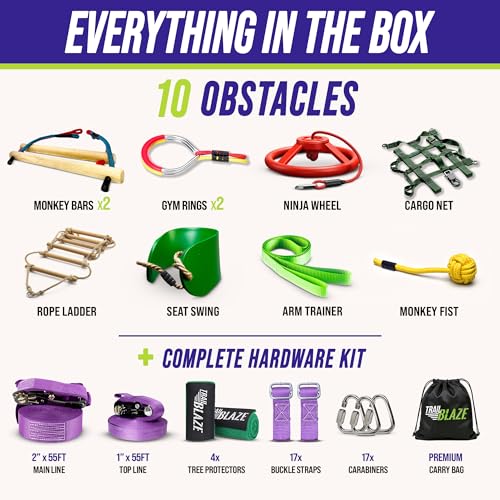 Kids Outdoor Ninja Warrior Obstacle Course with 2x55ft Slacklines - Purple, 10 Obstacles
