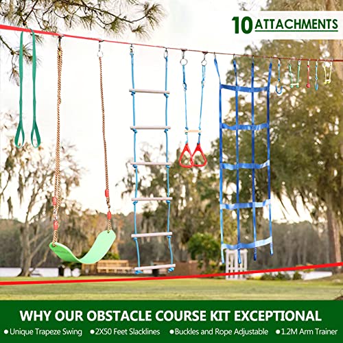 Dripex Ninja Warrior Obstacle Course for Kids Backyard 2x50FT Slackline Kit with 10 Accessories - Outdoor Climbing & Balance Play Set