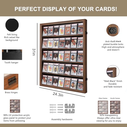 Wall Mount Walnut Baseball Card Display Case - 35 Graded Cards, Large Vertical Variation