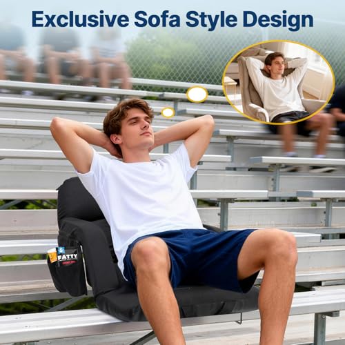 DEKEMASTER 23-Inch Stadium Seat with Back Support, Black, Foldable, Sofa-Style Comfort