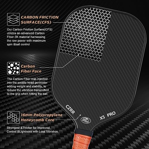 CZRR 16MM-2PCS Pickleball Paddles Set USA Approved Carbon Fiber Surfaces