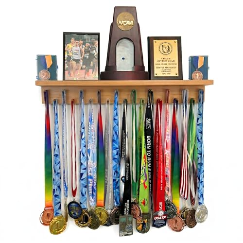 MedalAwardsRack Premier Medal Hanger Display Rack and Trophy Shelf - Stained Walnut, 2ft