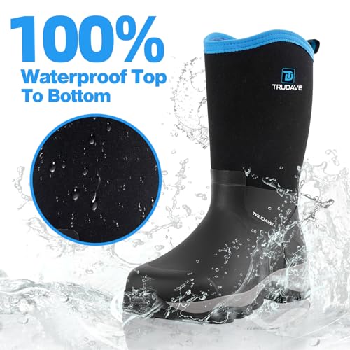 Trudave Men's Black Rubber Rain Boots with Steel Shank, Waterproof Insulated Mid-Calf Work Boots 5.5mm Neoprene, Size 11