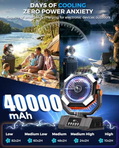 Etholzon 40000mAh Black Orange Outdoor Misting Fan with 15L Tank, Remote & LED Light