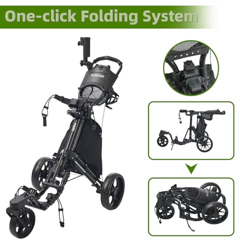FLAGTAG Black 3-Wheel Golf Push Cart with Foldable Design & Swivel Front Wheel