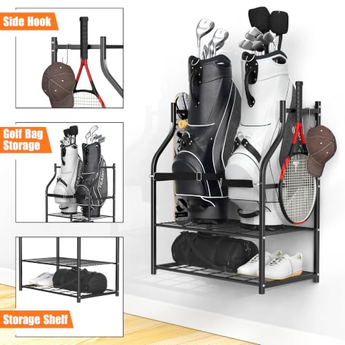 Golf Bag Storage Rack for Garage - Holds 2 Bags with Shelves & Hooks - Black, 28 Inch