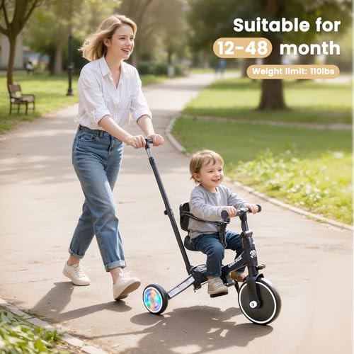 Black 5-in-1 Convertible Toddler Tricycle with Push Handle & Light-Up Wheels