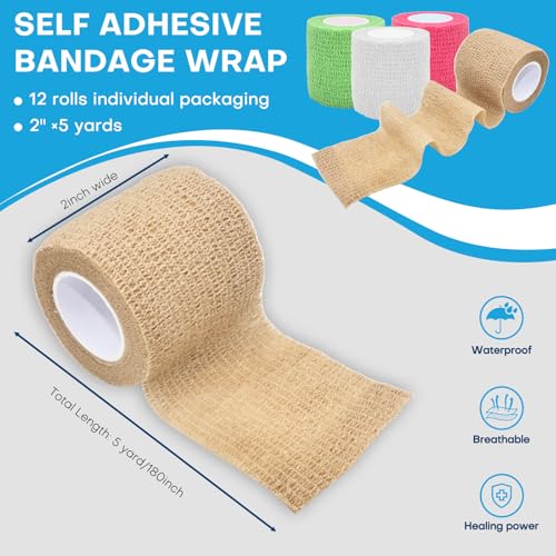 Skin Color Cohesive Bandage Wrap 2 Inch x 5 Yards - 12 Pack Self Adhesive Athletic Tape for Injury Recovery & First Aid