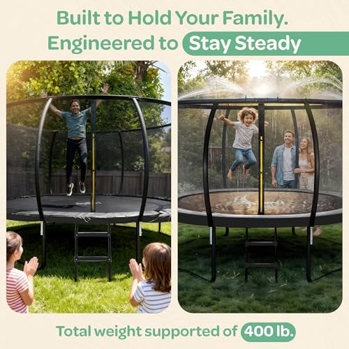 Black 12FT Outdoor Trampoline with LED Lights, Safety Net, Ladder – ASTM Certified