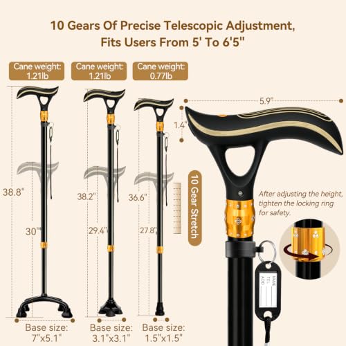 ISPUOOCTI Black Multifunctional Walking Cane with Alarm Light & Adjustable Height