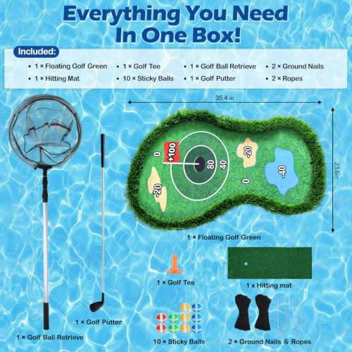 35×23 Floating Golf Green for Pool with Scoring Zones & Sticky Balls - Family Game