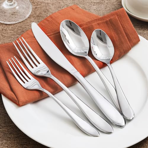 KINGSTONE 60-Piece Stainless Steel Silverware Set for 12, Modern Mirror Finish, Dishwasher Safe