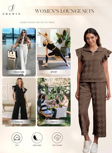 Women’s 2 Piece Polo Set - V Neck Collared Ruffle Short Sleeve & Quarter Zip Top, Large Brown