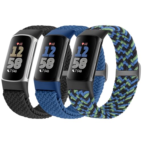 Braided Stretchy Nylon Watch Bands for Fitbit Charge 6/5 - Black, Blue & Camouflage