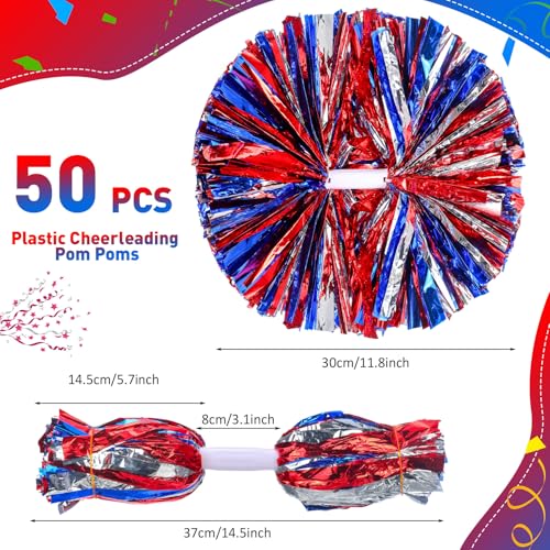 Yunsailing 50 Pcs Cheerleading Pom Poms Bulk with Handles - Red, Blue & Silver