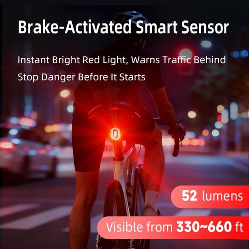 Smart Bike Tail Lights, Bike Lights for Night Riding with Smart Brake Sensing, Rechargeable Bicycle Lights Auto On/Off Long Standby, LED Rear Bike Light IPX6 Waterproof for Road Cycling