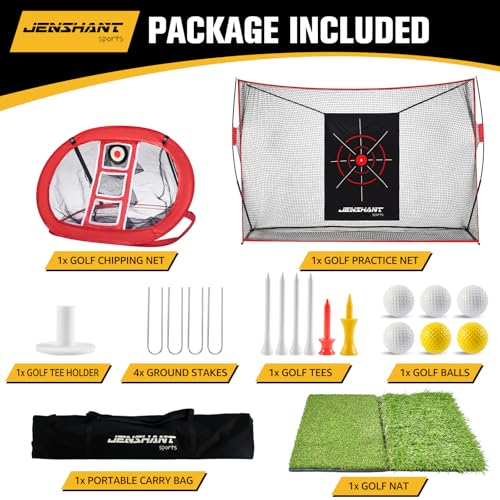 JensHant 10 x 7 ft Golf Practice Net with Chipping Target, Foldable Mat, 8 Tees & 6 Balls – All-in-One Backyard Indoor Outdoor Golf Hitting System