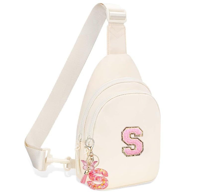 Beige Personalized Belt Bag for Girls — Initial Letter Patch Fanny Pack, Adjustable Crossbody