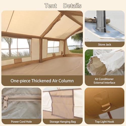 Beige 12-Person Inflatable Camping Tent with Rainfly, Hand Pump & Stove Jack
