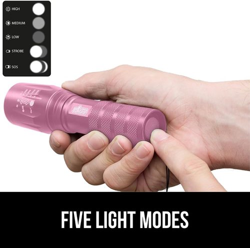 Gorilla Grip Tactical Flashlight - 750 FT Water Resistant, 5 Adjustable Modes, Ultra Bright, 2 Pack, Pink