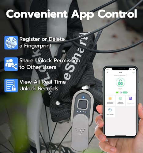 Heavy Duty Fingerprint Bike Chain Lock with App Control - 3.3FT Waterproof Bicycle Security Lock