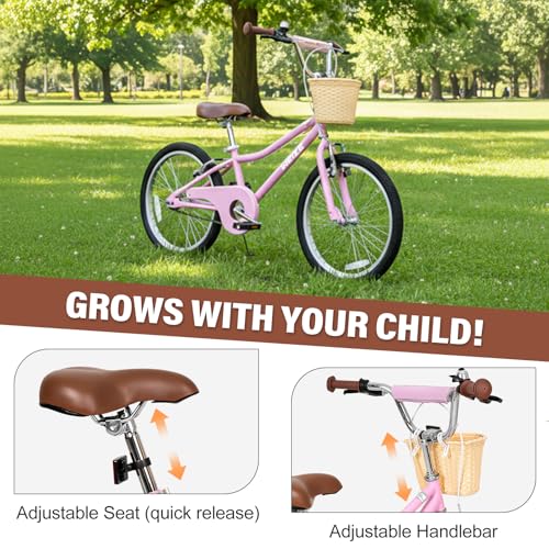 Kids Cruiser Bike 20 Inch Pink for Girls - Lightweight Steel Frame & Front Basket