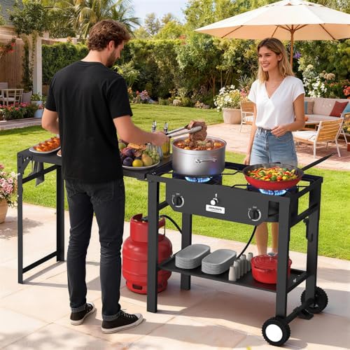2 Burner Portable Propane Gas Stove with Foldable Workstation & Wheels - 150,000 BTU Outdoor Camping Cooking Equipment