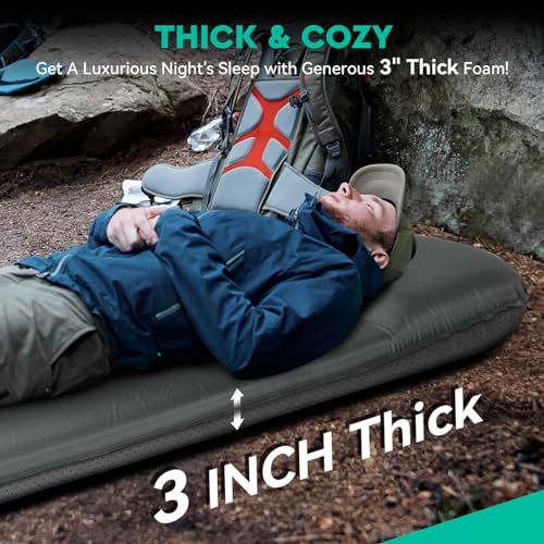 Hikenture Grey Self-Inflating Camping Sleeping Pad with Pillow, 3 Inch Thick, 9.5 R-Value, Insulated for Car, Tent, and Outdoor Use