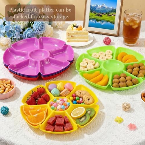 12-Inch Plastic Snack Serving Tray with 7 Compartments - Unbreakable Food Platter for Nuts, Candy, Veggies, Dips