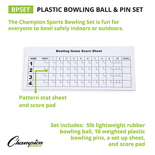 Champion Sports 10 Pin Plastic Bowling Set with Ball - White, 15-Inch