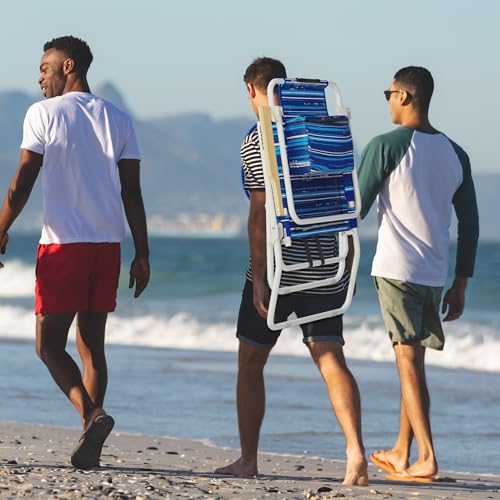 Tall Beach Chair for Adults 17" High Backpack Reclining with Cooler Pouch - Striped Blue 2-Pack