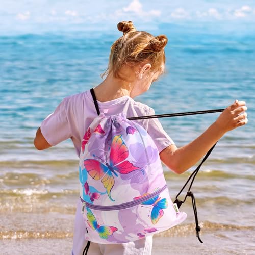 Kids Drawstring Backpack with Zipper Pocket - WAWSAM Gym/Swim Cinch Bag, Butterfly Variation