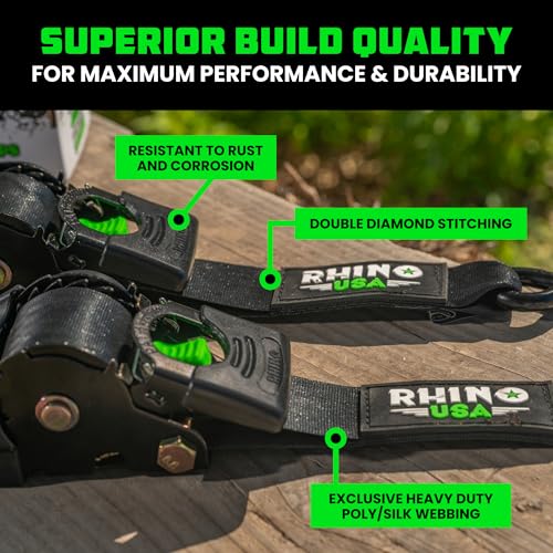 Rhino USA Retractable Ratchet Straps 2-Pack - 2in x 10ft, 3,033lb, Black