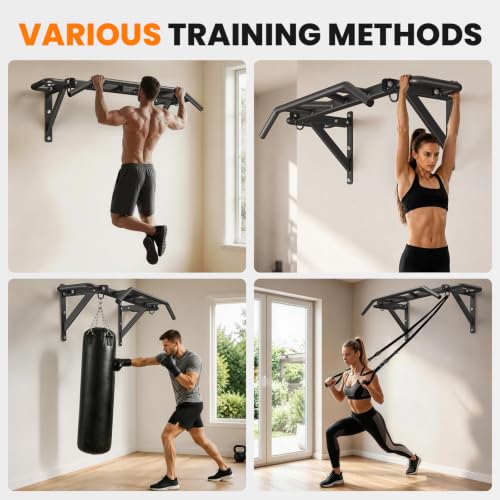 Heavy Duty Wall-Mounted Pull Up Bar 600 lbs Capacity, 14 Grip Positions for Home Gym