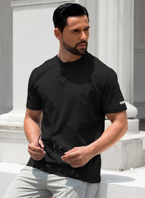 JVVOO Men's Muscle Slim Fit T-Shirt Workout Athletic Reflective Short Sleeve Tees Shirts for Night Running & Gym Black L