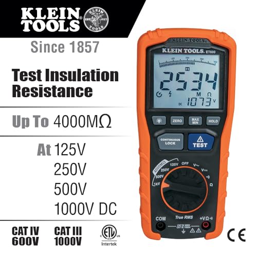Multimeter Insulation Tester - Klein Tools ET600 with Auto-Ranging TRMS, 4000MΩ Resistance, 125V-1000V, Tester Variation