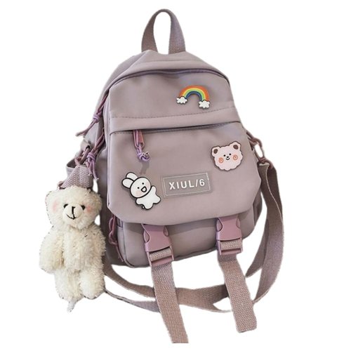 AlmondJoy Mini Backpack Aesthetic Backpack Cute Canvas Backpack Casual Travel Daypacks Solid Color (Bag Badge Bear,Purple)
