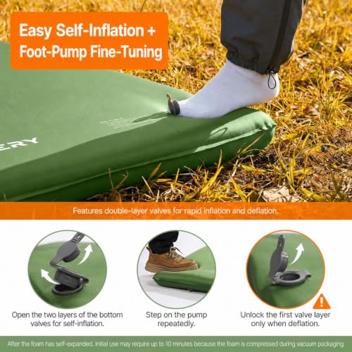OGERY Green Self-Inflating Memory Foam Camping Mattress 3" Support Pad