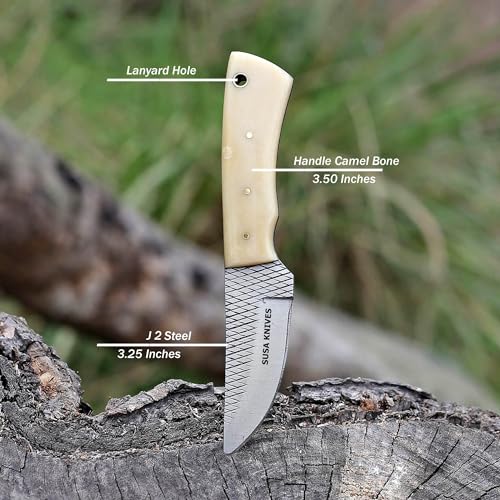 Handmade 7-Inch Fixed Blade Cow Boy Knife Damascus Steel with Camel Bone Handle & Leather Sheath - SUSA 116