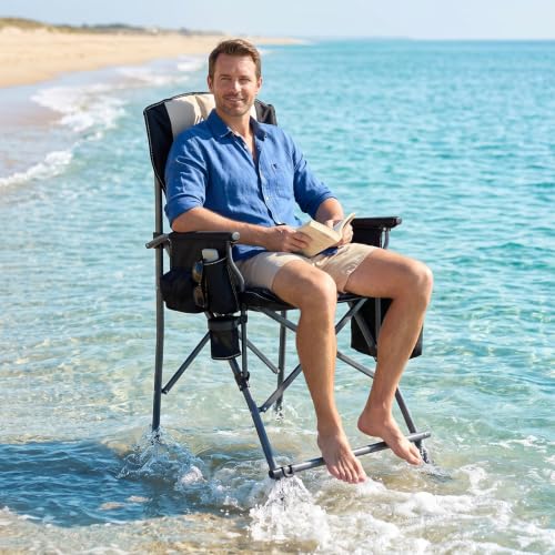 Tall Folding Camping Chair with Cooler Bag, Gel Cushion & Footrest - Heavy Duty Portable Outdoor Seat for Adults