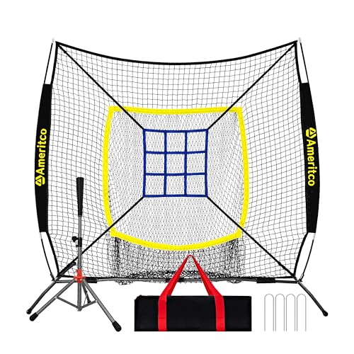 Ameritco Black 7x7ft Baseball Practice Net with Target and Tee for Hitting Pitching and Batting